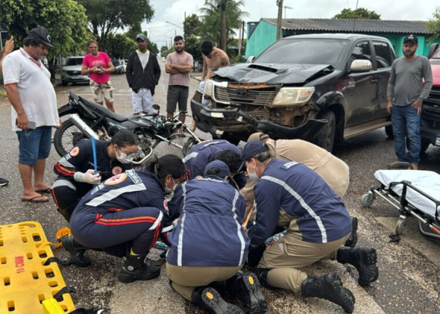 Homem fica ferido em colisão entre caminhonete e motocicleta em Sorriso/MT